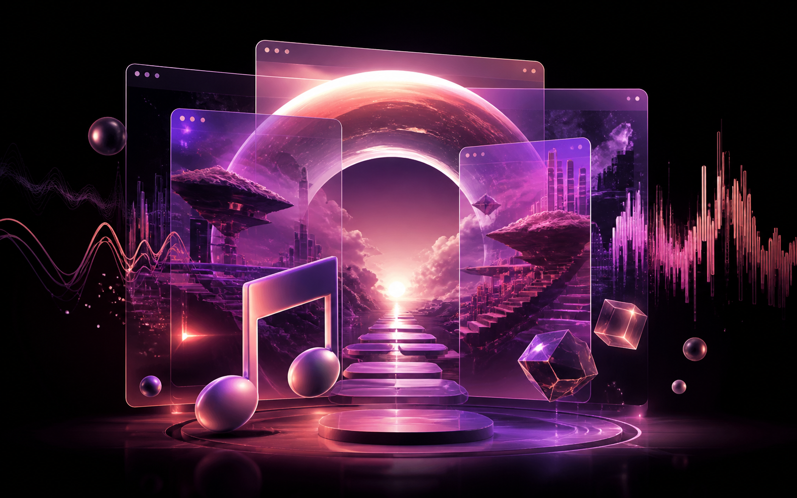Abstract lilac and plum digital worlds with floating browser panels, a music note, and audio waveforms
