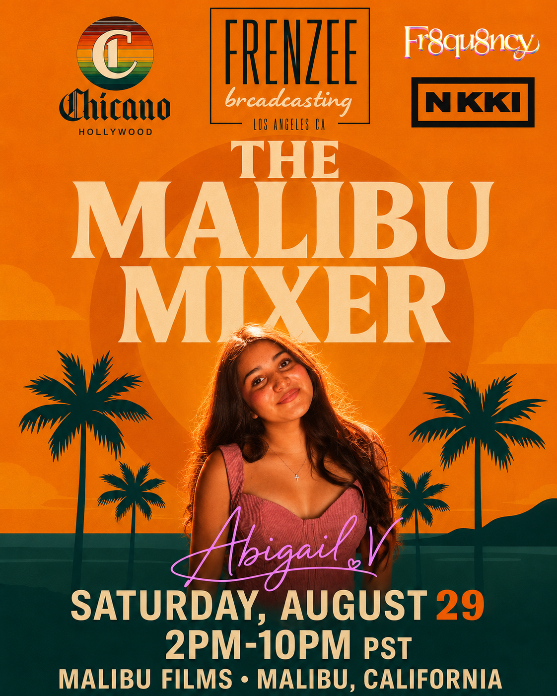 The Malibu Mixer flier featuring Abigail V., Saturday August 29, 2PM to 10PM at Malibu Films, Malibu, California