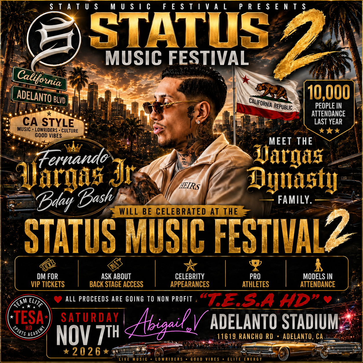 Status Music Festival 2 flier featuring Abigail V., Saturday November 7, 2026 at Adelanto Stadium, Adelanto, California