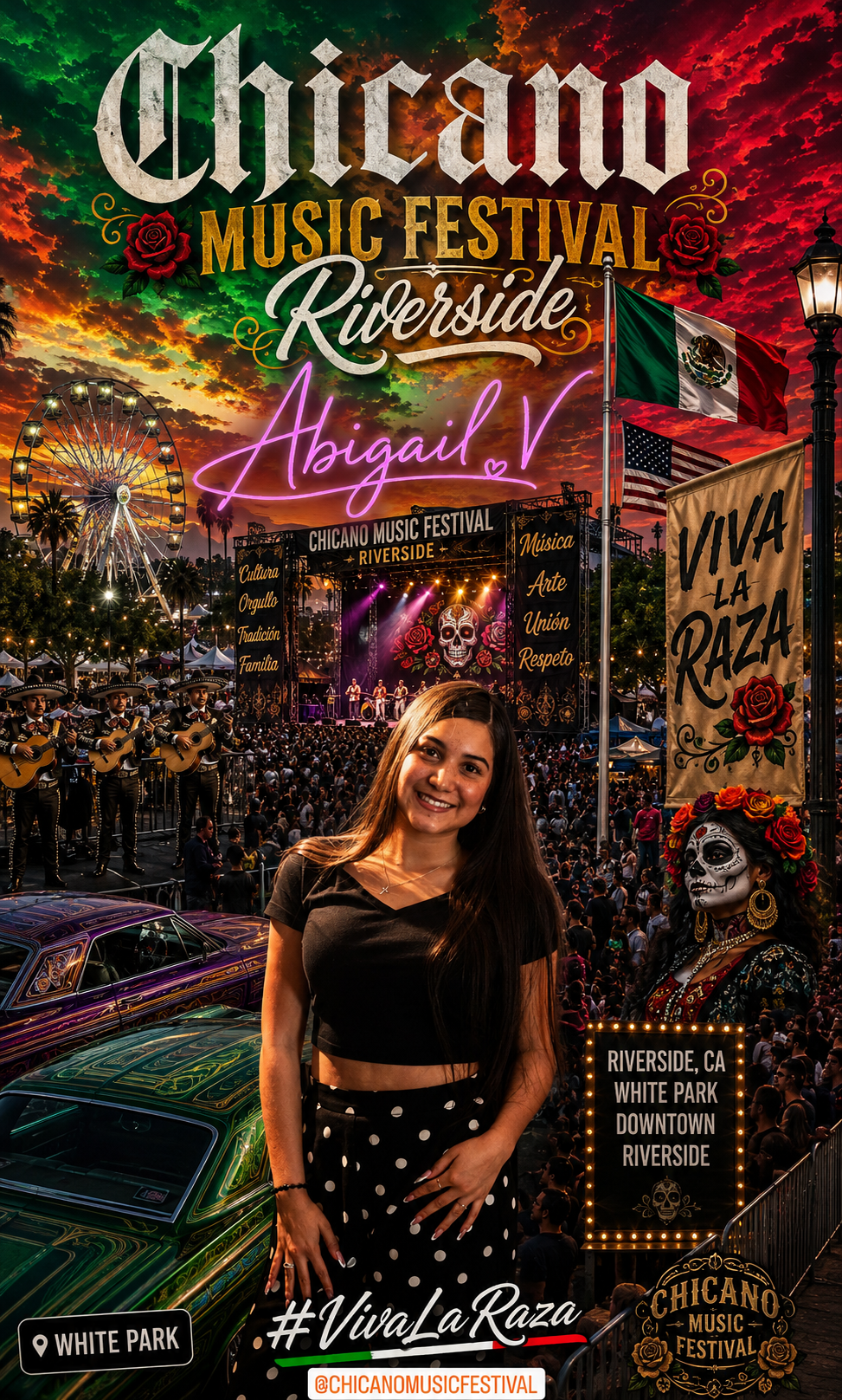 Chicano Music Festival Riverside flier featuring Abigail V. at White Park, Downtown Riverside, California