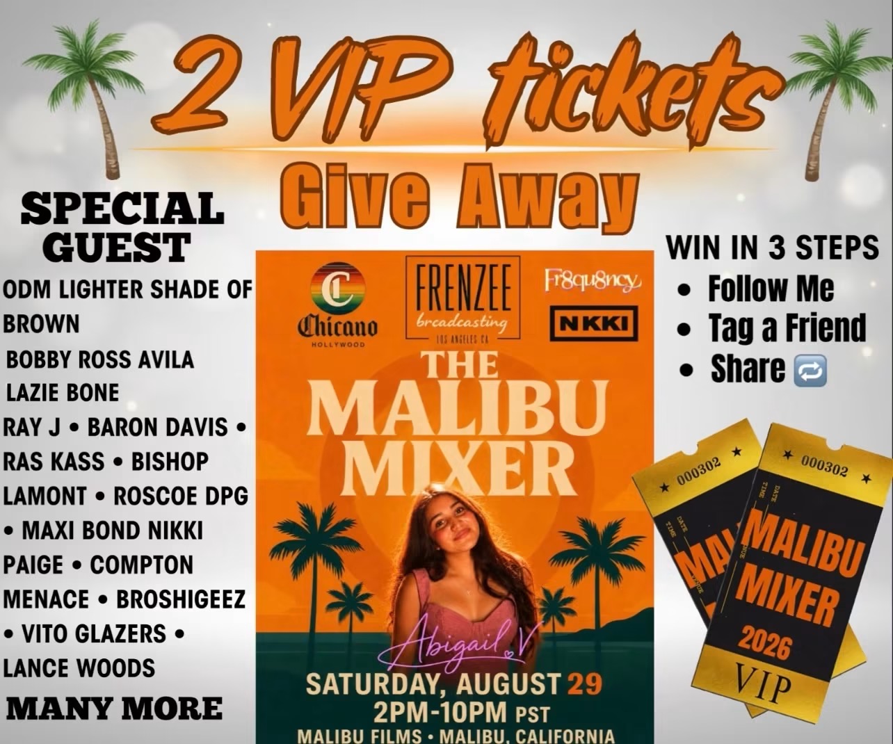 Archived giveaway flier: two VIP tickets to The Malibu Mixer, Saturday, August 29, 2026, Malibu Films, Malibu, CA. This giveaway has expired.