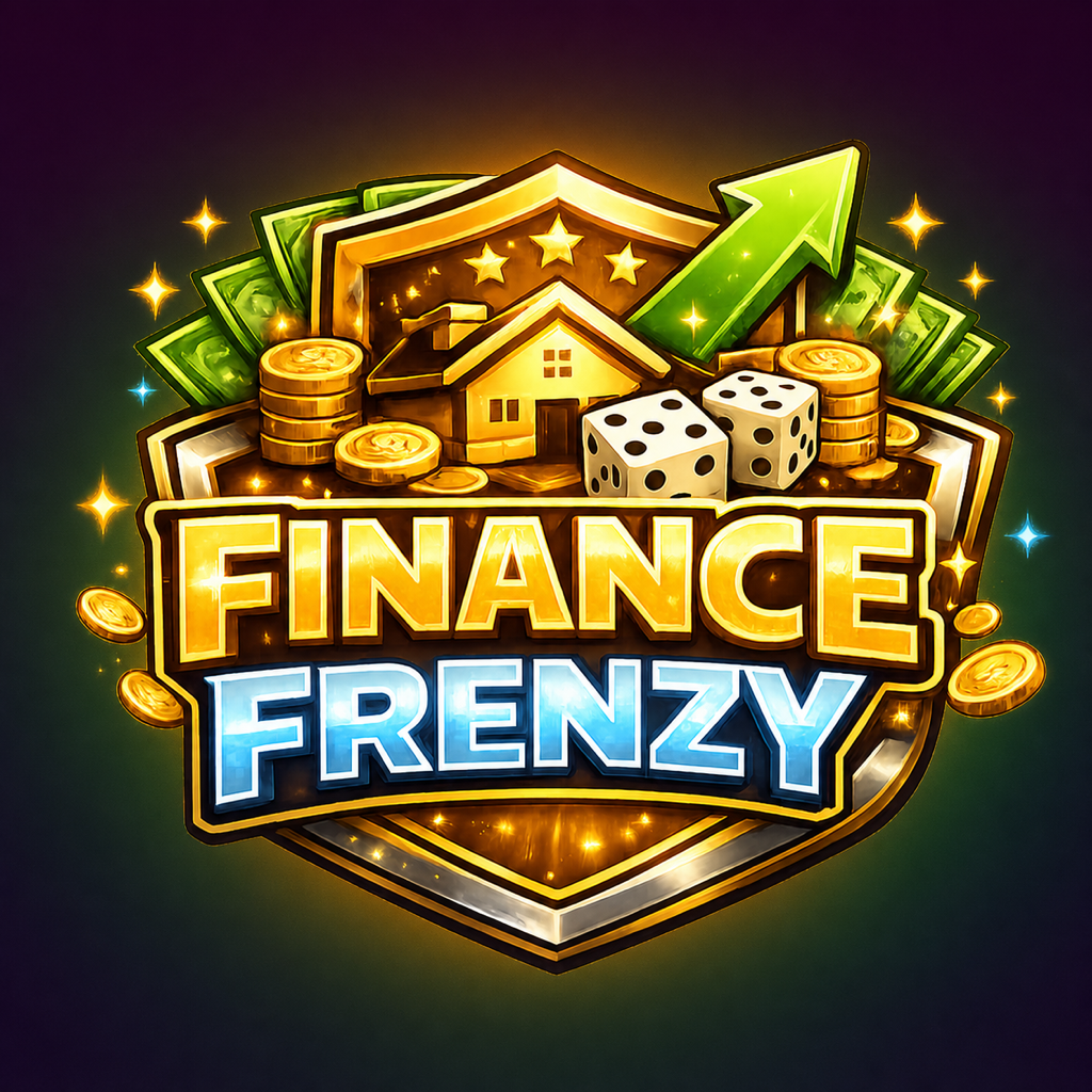 Finance Frenzy app icon — gold and blue Finance Frenzy lettering on a crest with coins, dice, and a rising arrow